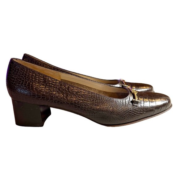 Salvador Ferragamo Brown Crocodile Print Horsebit Slip On Heels 9B - Picture 5 of 15